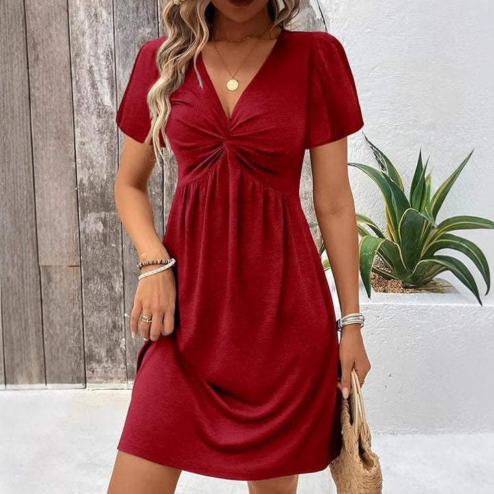 Damen lässiges Wickelkleid mit V-Ausschnitt und kurzen Ärmeln Drune