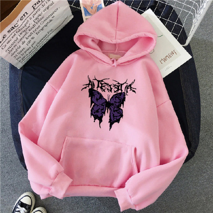Damen nan Oversize-Kapuzenpullover mit gothischer Schmetterlings-Illustration und Kängurutasche Drune