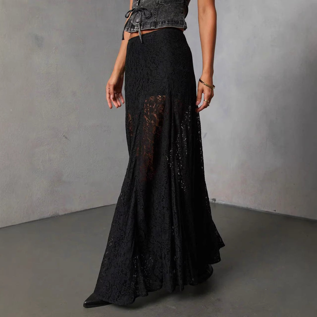 Damen Eleganter Spitzenmaxirock mit fließendem Fall und transparenten Details Drune