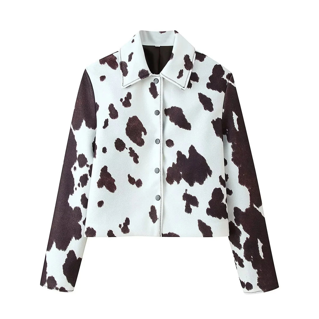 Damen nan kurzgeschnittene Hemdjacke mit Kuhfleckenmuster und Druckknopfverschluss Drune
