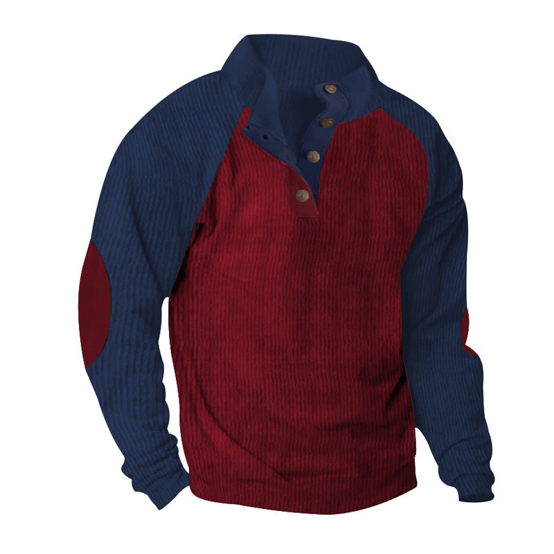 Herren nan strukturiertes Henley-Sweatshirt mit Stehkragen, Raglanärmeln und Ellbogenpatches Drune