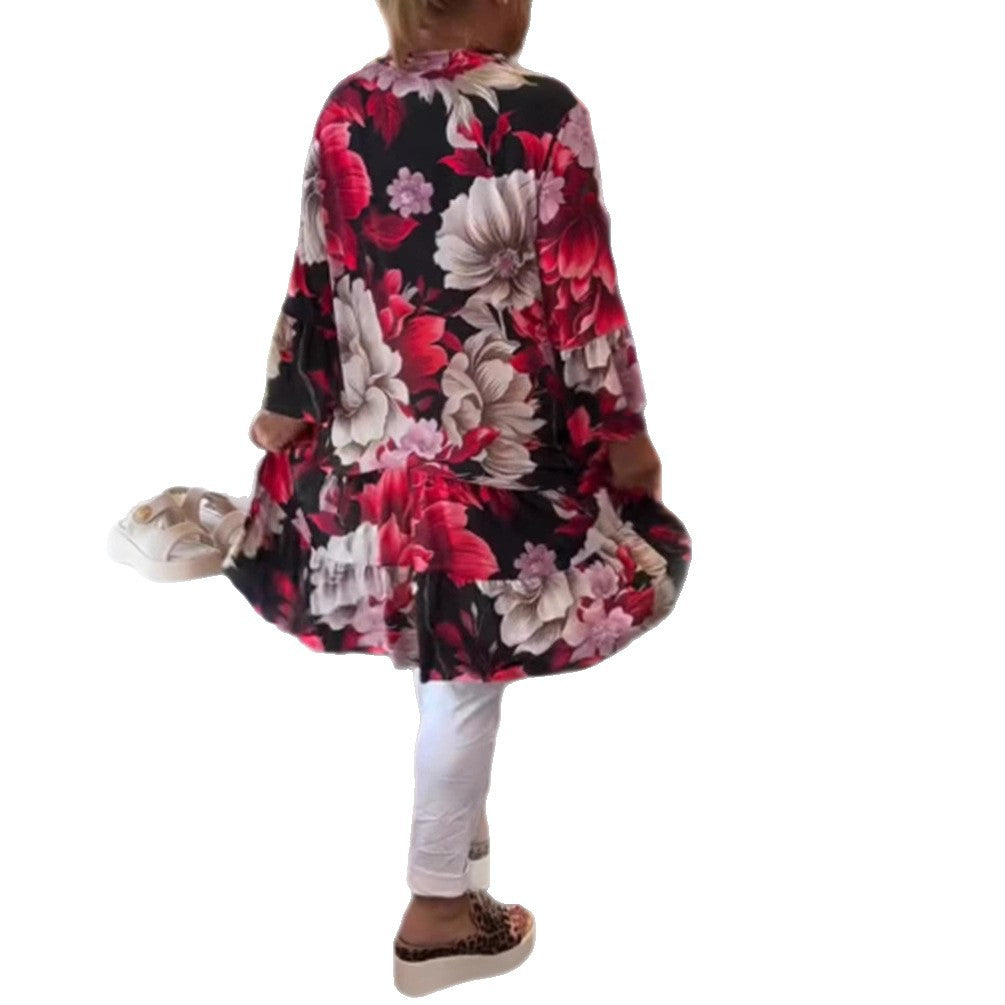 Damen nan schwingendes Tunika-Kleid im Babydoll-Stil mit V-Ausschnitt und Stufenvolants Drune
