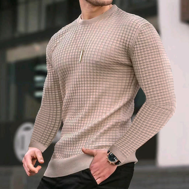 Herren nan figurbetonter gewaffelter Rundhalspullover aus Feinstrick mit Rippbündchen Drune