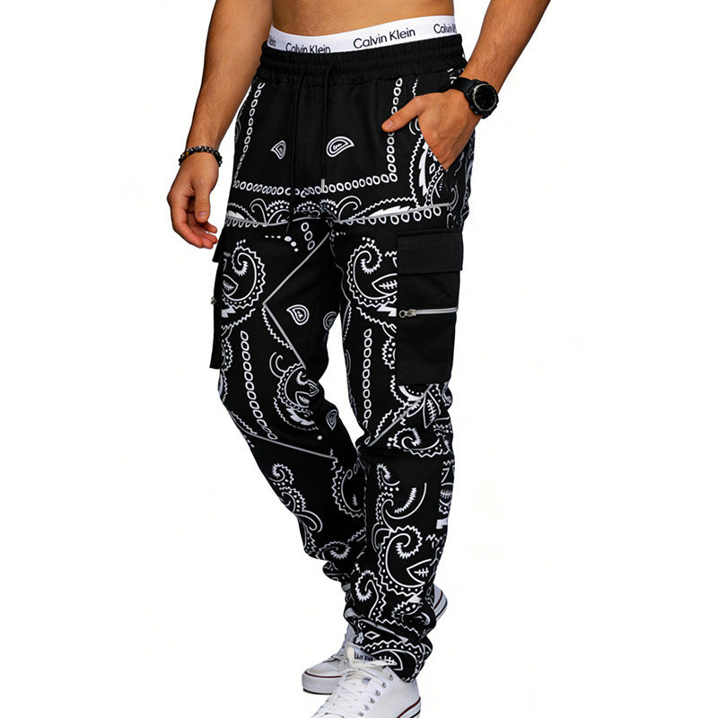 Herren nan Cargo-Jogginghose mit Paisley-Muster, elastischem Bund, multiple Reißverschluss- und Klappentaschen Drune