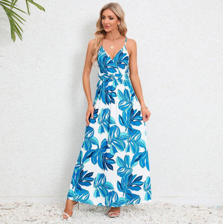 Damen Maxikleid mit zartem V-Ausschnitt und buntem Pflanzenmuster Drune
