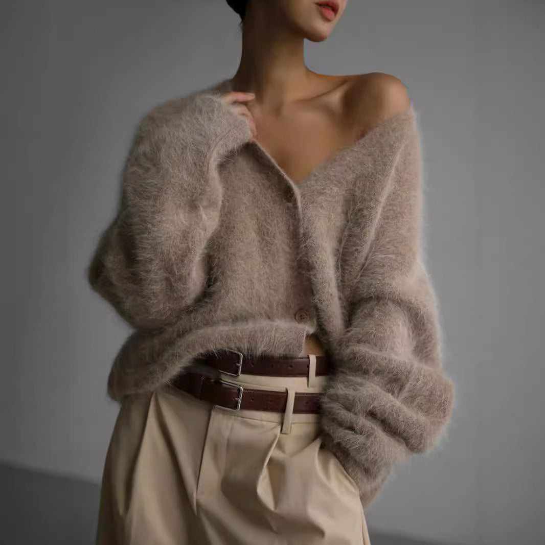 Damen kuschelige Strickjacke mit voluminösen Ärmeln und eleganten Knopfdetails Drune