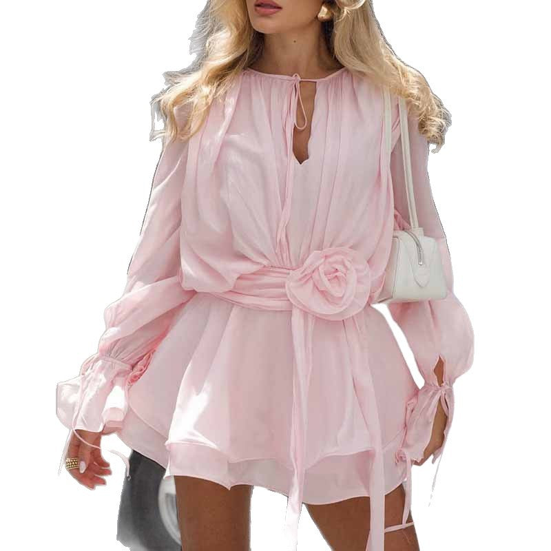 Damen Minikleid mit voluminösen Ärmeln und charmantem Taillengürtel Drune