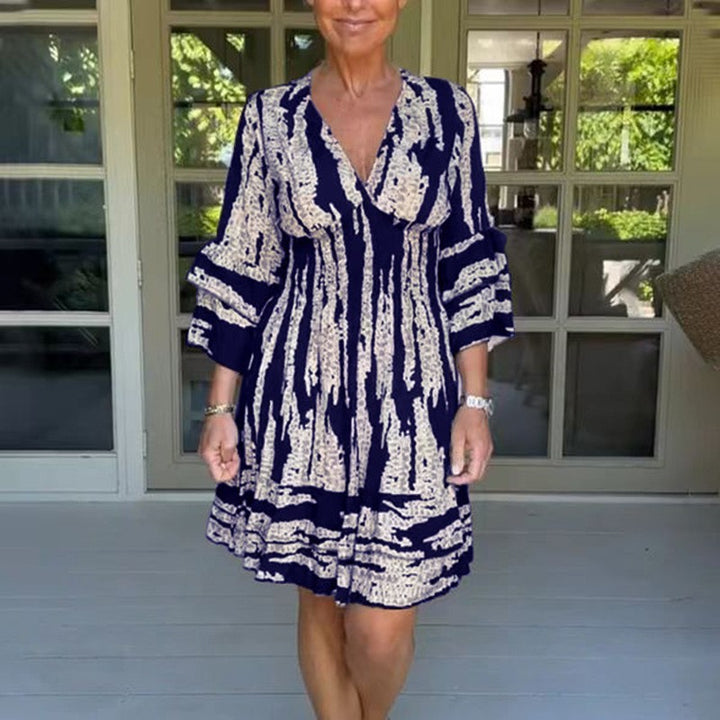 Damen romantisches V-Ausschnitt Kleid mit weiten Ärmeln und floralem Design Drune