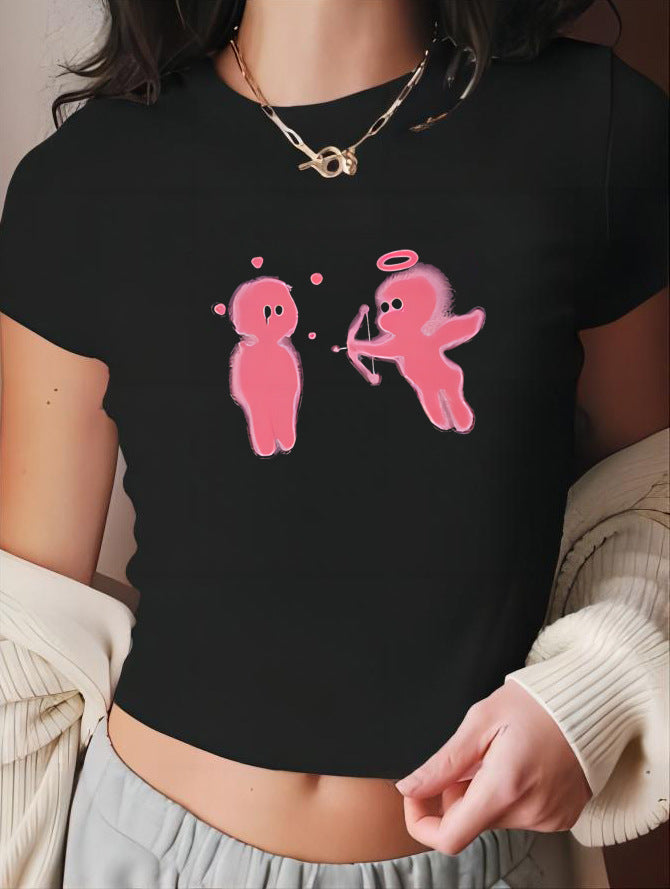 Damen figurbetontes Kurzarm-T-Shirt mit verspieltem Aufdruck Drune