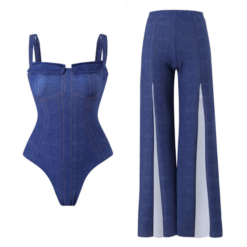 Damen Badeanzug-Set mit figurformendem Schnitt und eleganten Palazzohosen Drune