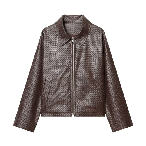 Damen Kurze Boxy‑Jacke aus geflochten wirkendem Kunstleder mit Hemdkragen und Frontreißverschluss Drune