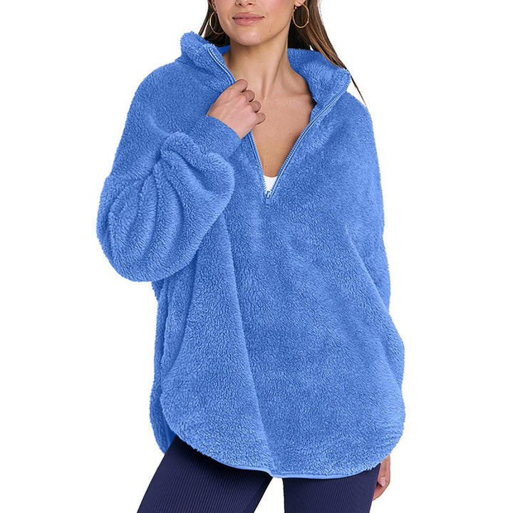Damen Flauschiger Oversize-Sherpa-Pullover mit Halbzip und Kängurutaschen Drune