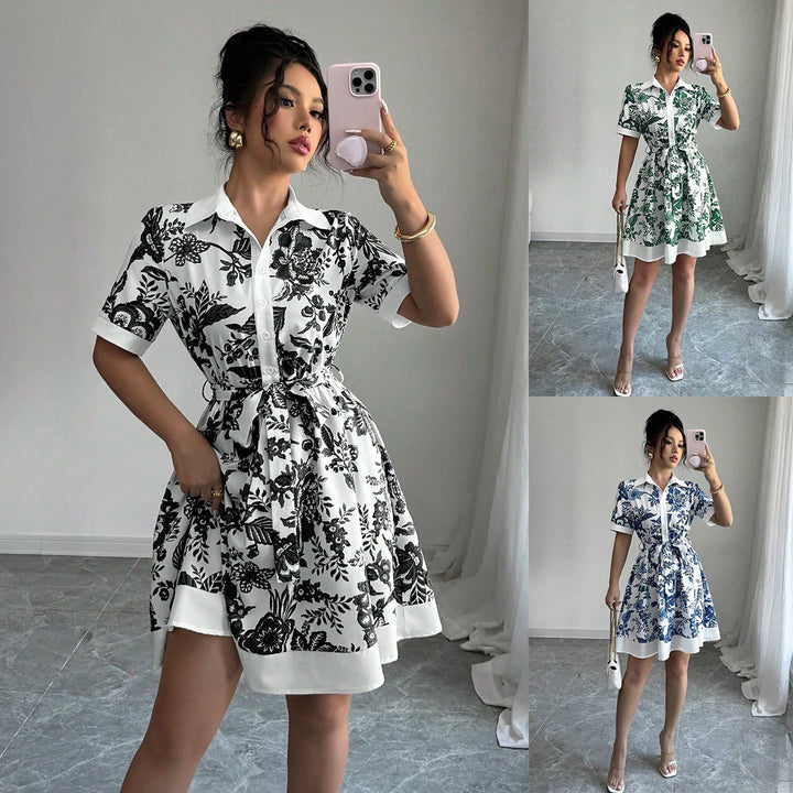 Damen Hemdblusenkleid mit floralem Muster und Taillengürtel Drune