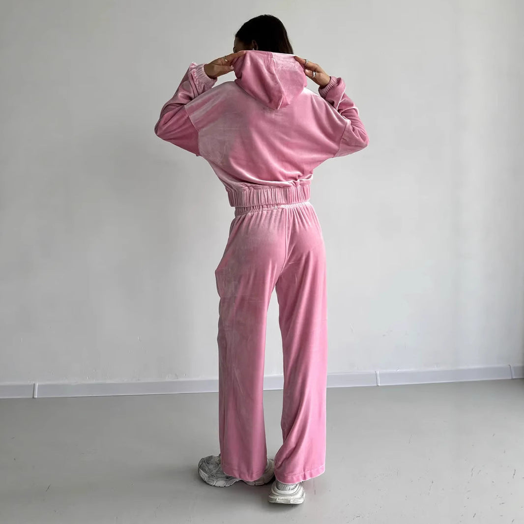 Damen weiches Velours-Lounge-Set mit kurzer Reißverschluss-Kapuzenjacke und weiter High-Waist-Hose Drune