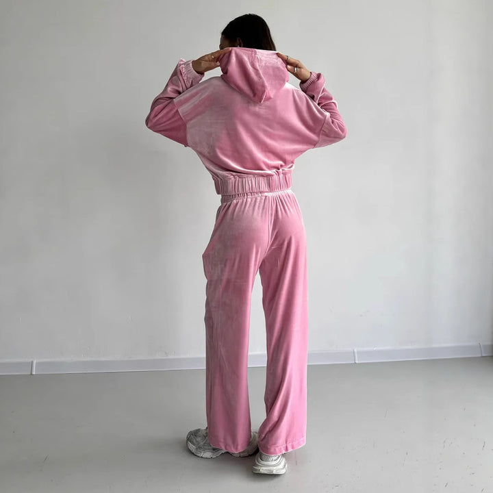 Damen weiches Velours-Lounge-Set mit kurzer Reißverschluss-Kapuzenjacke und weiter High-Waist-Hose Drune