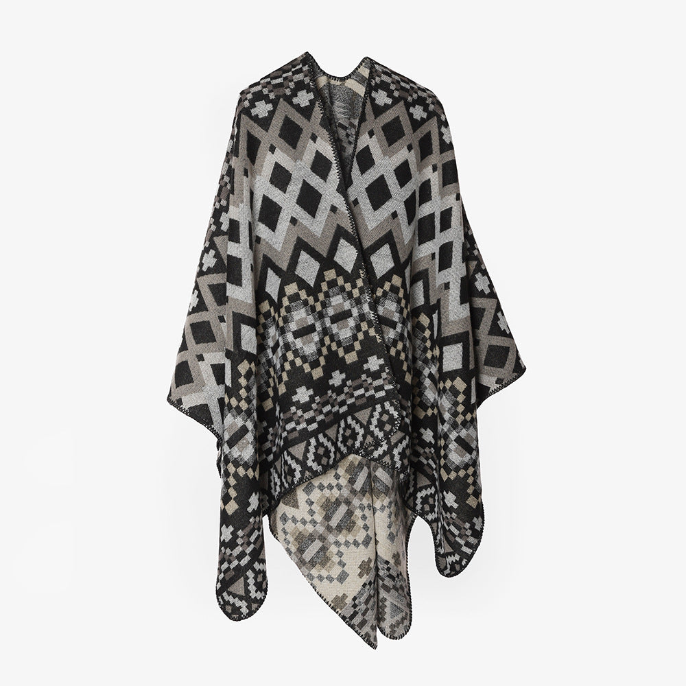 Damen Geometrischer Jacquard‑Capeponcho mit Oversize‑Fall und asymmetrischem Zipfelrand Drune