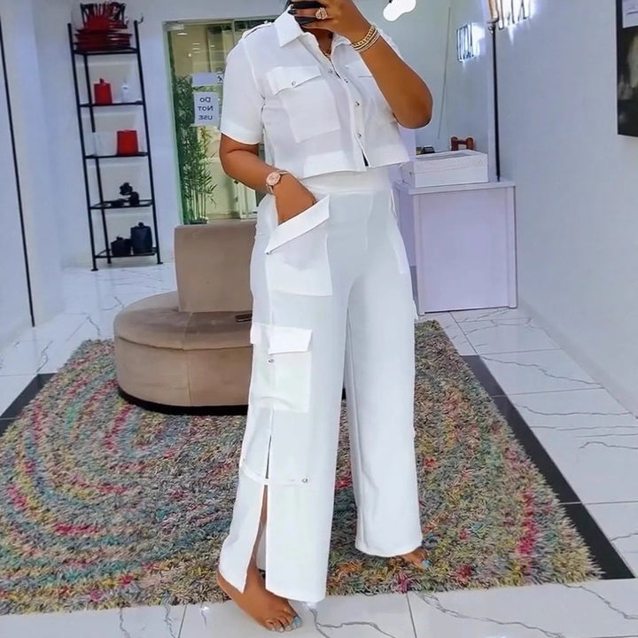 Damen nan zweiteiliges Hemd- und Cargo-Hosen-Set mit kurzem Oversize-Hemd, hoher Taille, weitem Bein und seitlichen Beinschlitzen Drune