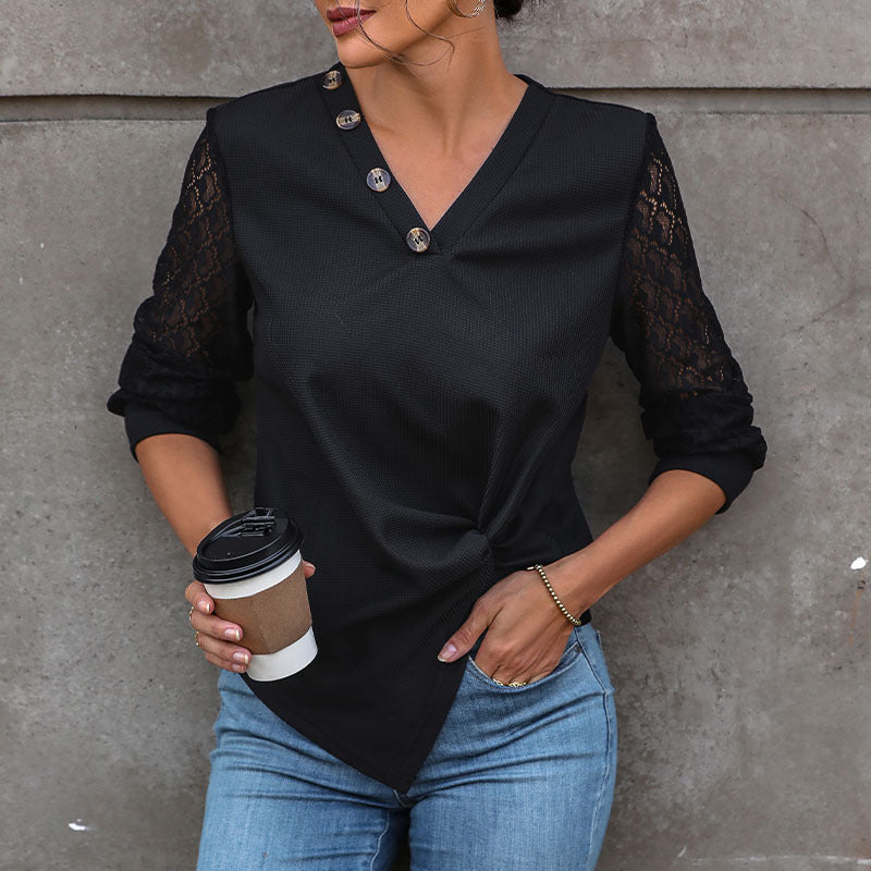 Damen V-Ausschnitt Blusenshirt mit Spitzenärmeln, asymmetrischer Knopfleiste und Knotenfront Drune