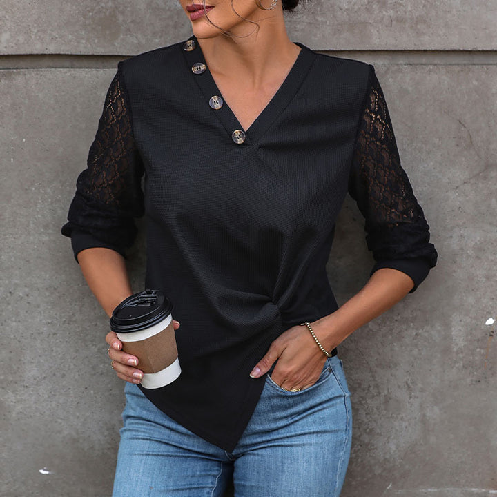 Damen V-Ausschnitt Blusenshirt mit Spitzenärmeln, asymmetrischer Knopfleiste und Knotenfront Drune