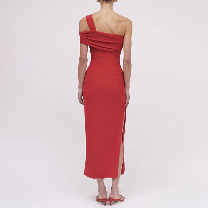 Damen Elegantes Maxi-Kleid mit asymmetrischem Ausschnitt und figurformendem Drapierungsdesign Drune