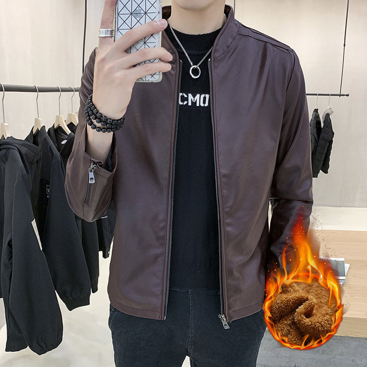 Herren schmal geschnittener Kunstleder Flightblouson mit minimalistischem Stehkragen und verdeckter Reißverschlussleiste Drune