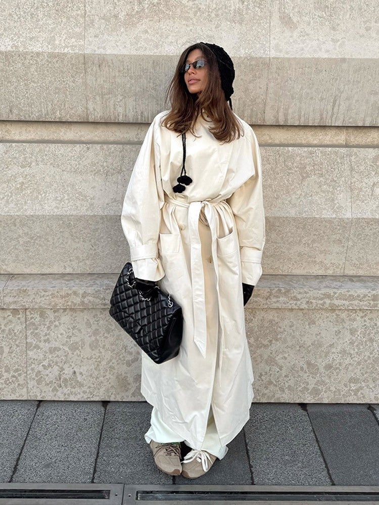 Damen Maxilanger taillierter Trenchcoat aus leichter Baumwollmischung mit Bindegürtel Drune