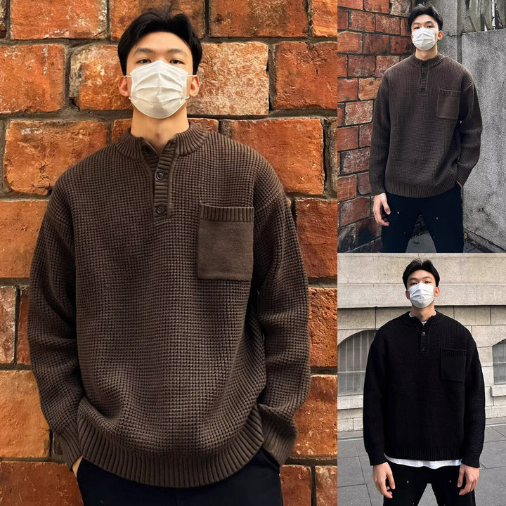 Herren Modischer Strickpullover mit Knopfleiste und Brusttasche Drune