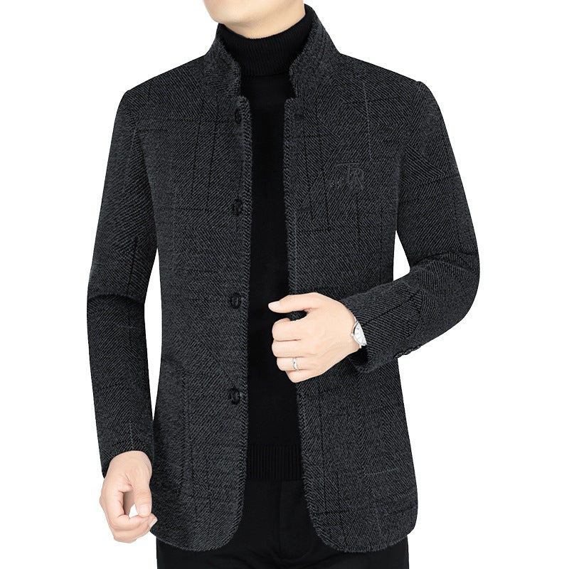 Herren Sakko-Jacke im Blazer-Look mit Stehkragen und Fischgrätstruktur Drune