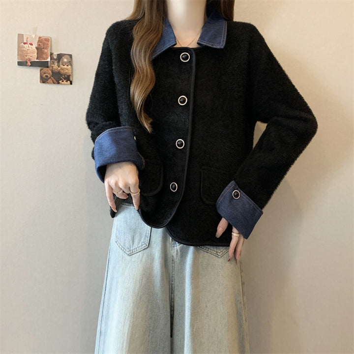 Damen gemütliche Strickjacke mit kontrastierenden Denim-Ärmeln Drune