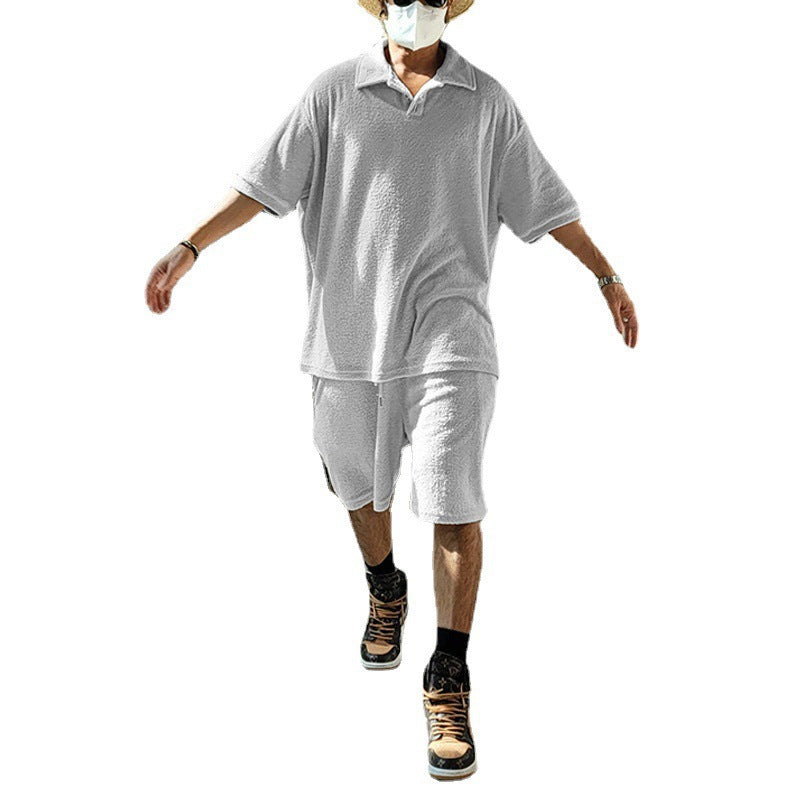 Herren nan urbanes weites Freizeit-Set mit Henley-Kragen, verlängertem weit geschnittenem Shirt und knielangen Jersey-Shorts Drune