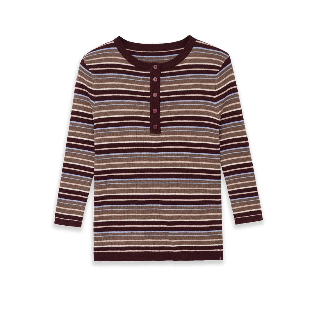 Damen Feinstrick-Henleyshirt mit feiner Streifenstruktur und Knopfblende Drune