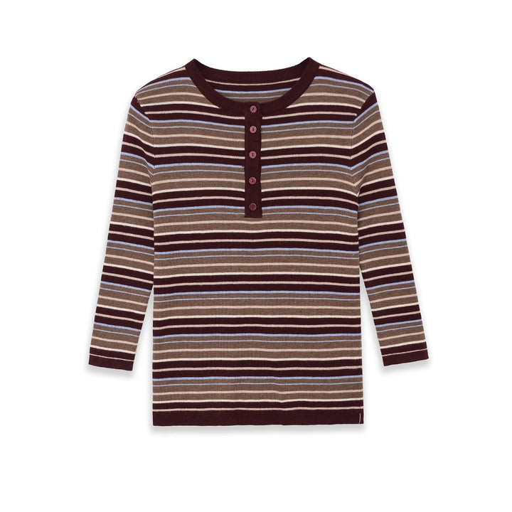 Damen Feinstrick-Henleyshirt mit feiner Streifenstruktur und Knopfblende Drune
