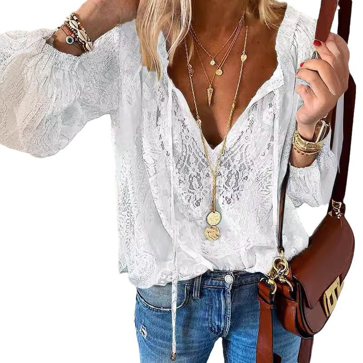 Damen elegante Bluse mit feiner Spitze und tiefem V-Ausschnitt Drune