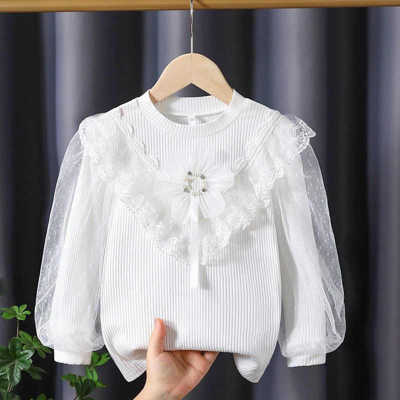 Mädchen Langarmshirt mit elegantem Tüllbesatz und Blumendekor Drune