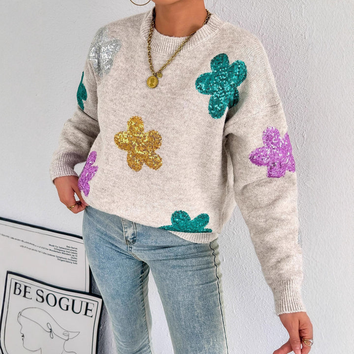 Damen glitzernder Oversized Pullover mit floralem Motiv Drune