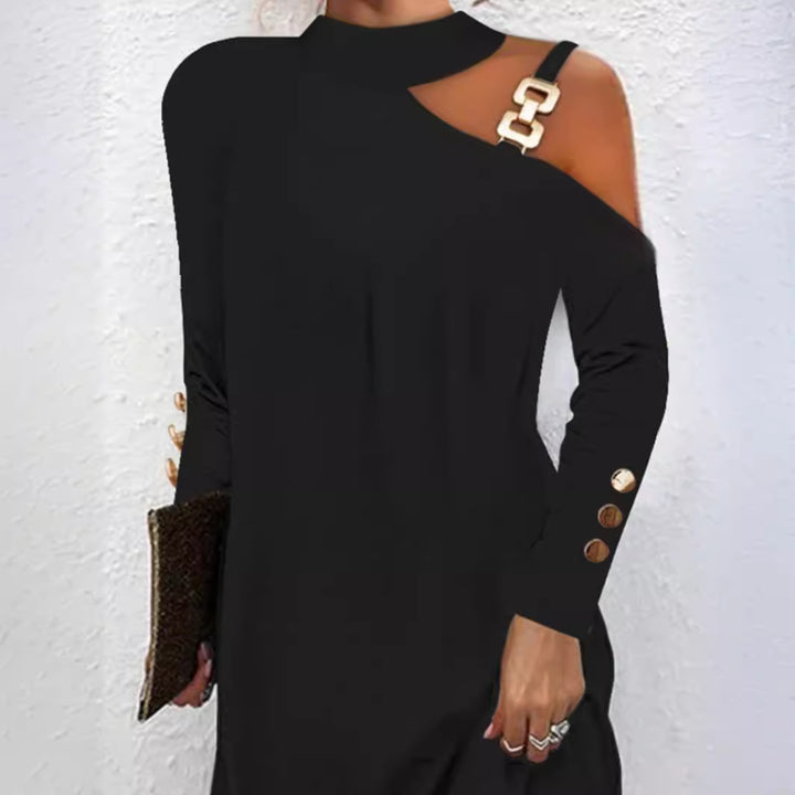 Damen nan asymmetrisches Minikleid mit Stehkragen, Cut-Out-Schulter und Zierkettenträger Drune