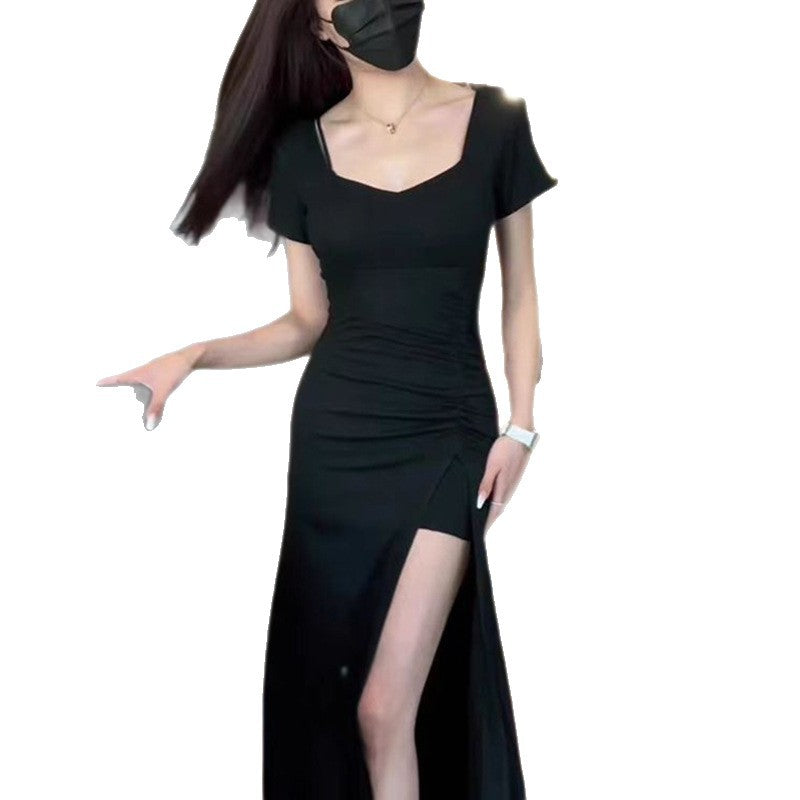 Damen figurbetontes langes Kleid mit schickem Raffungseffekt und hohem Schlitz Drune