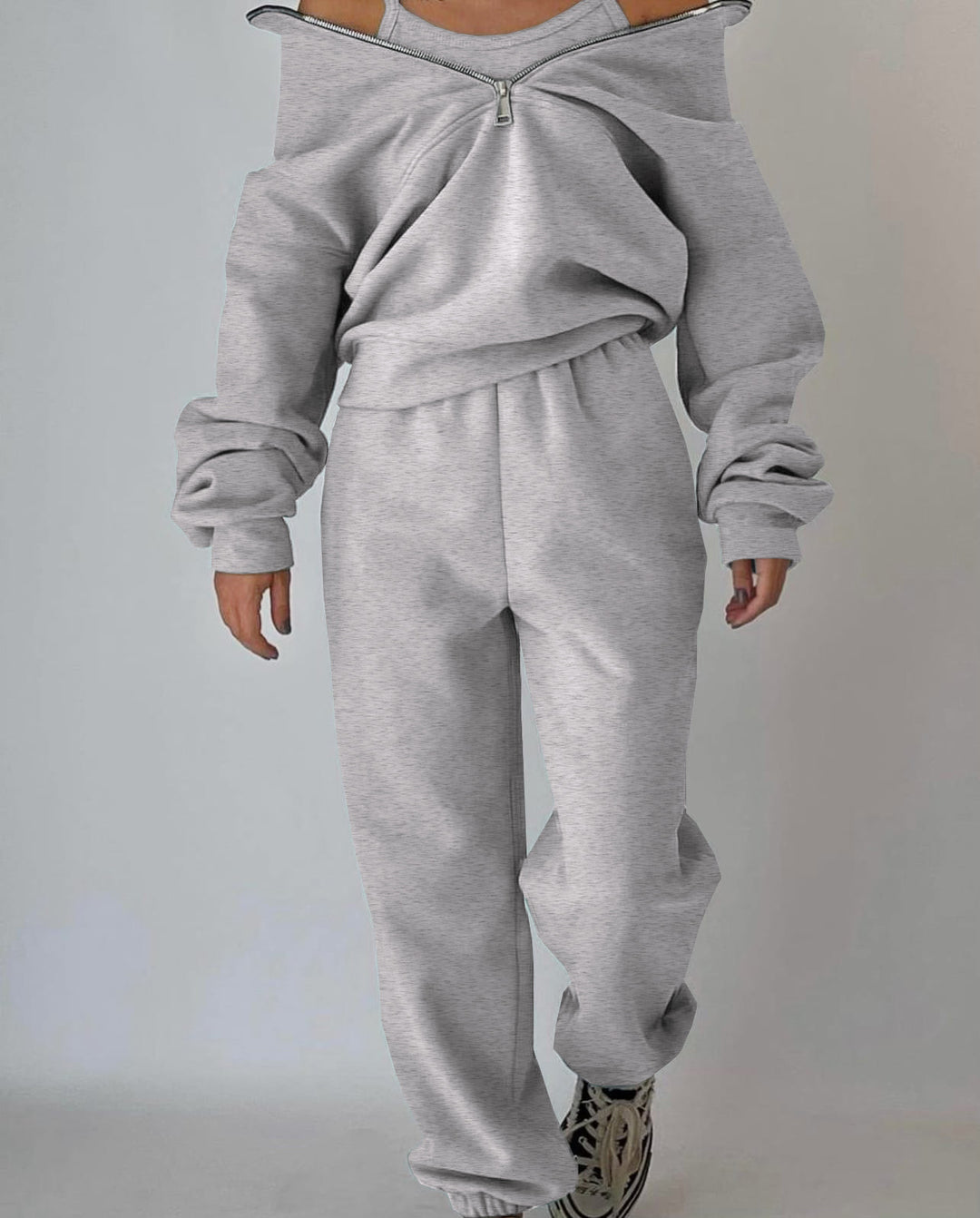 Damen Oversized Halbzip-Sweatshirt mit Stehkragen und passender High-Waist-Jogginghose Drune