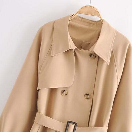 Damen Doppelreihiger Trenchcoat mit Taillengürtel und Schulterpasse Drune