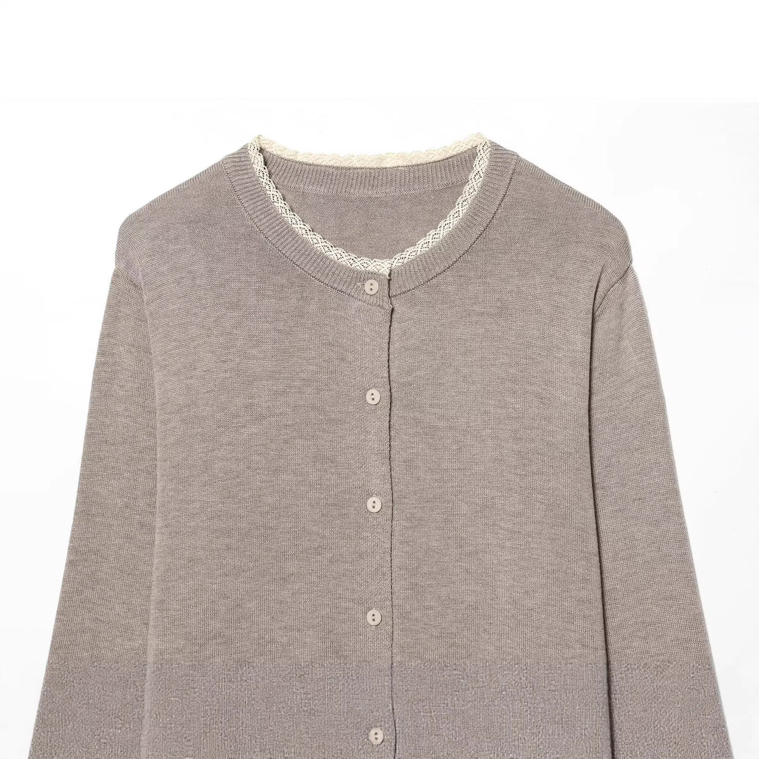 Damen Klassischer Feinstrick-Cardigan mit zarter Spitzenkante Drune