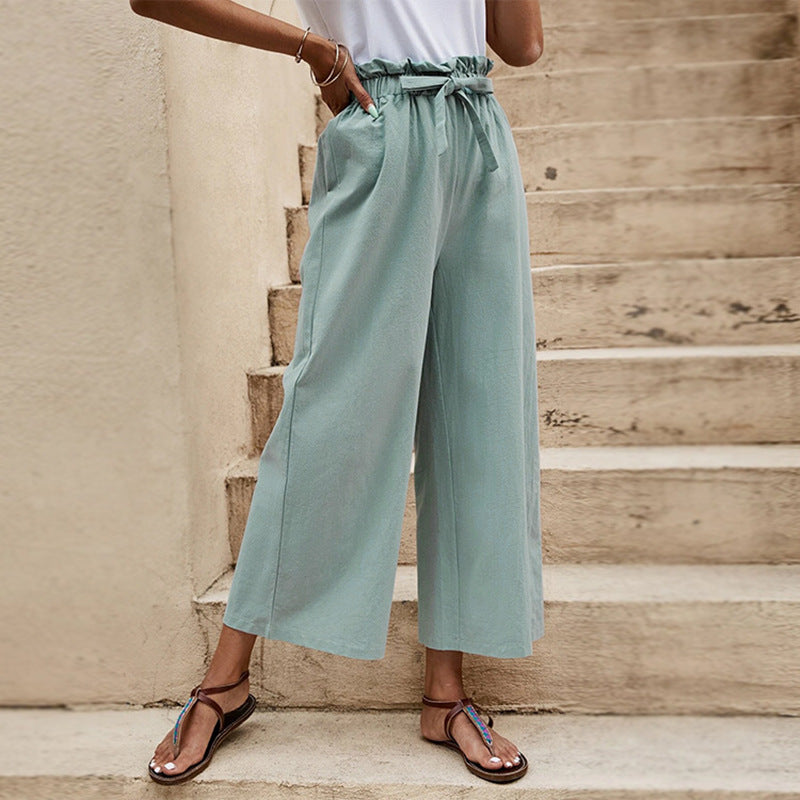 Damen Weit geschnittene Sommerhose mit elastischem Bund und modischem Bindegürtel Drune