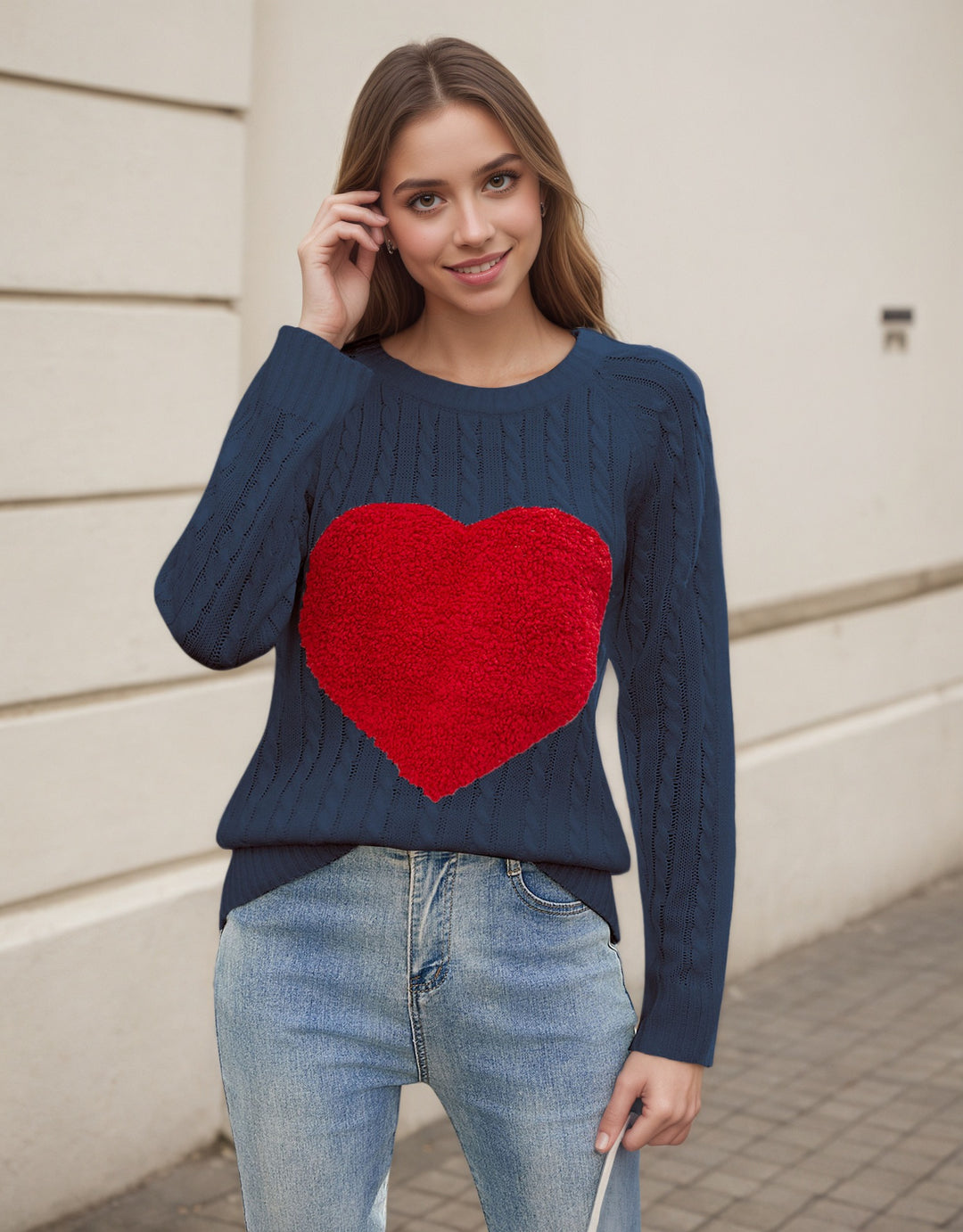 Damen Strickpullover mit Herz-Applikation und luftiger Maschenstruktur Drune