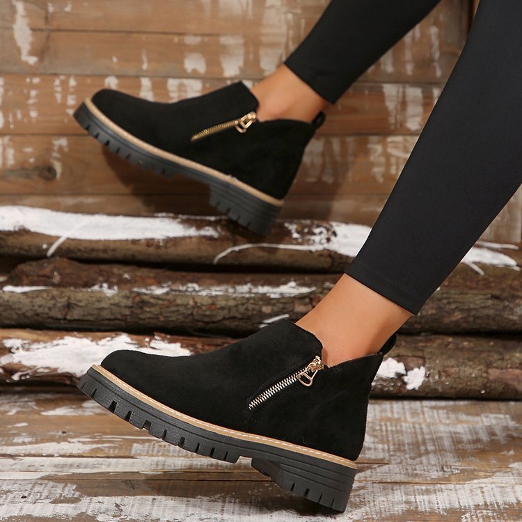 Damen Kurzschaft-Stiefeletten aus Veloursoptik mit seitlichem Reißverschluss und grober Profilsohle Drune