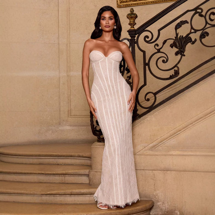Damen Hochzeitskleid mit elegantem trägerlosen Design und luxuriösem Tüllabschluss Drune