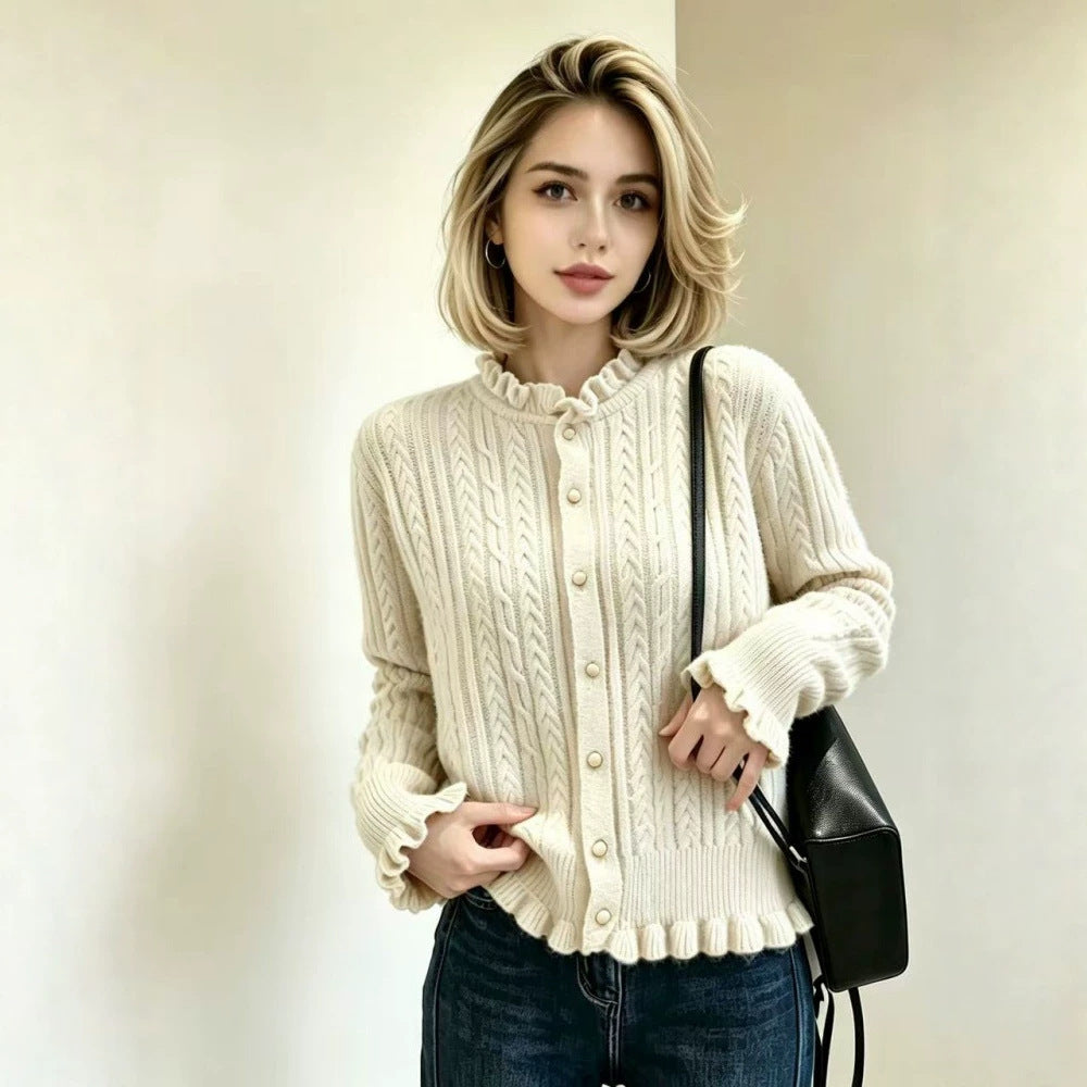 Damen Elegante Strickjacke mit Rüschendetails Drune