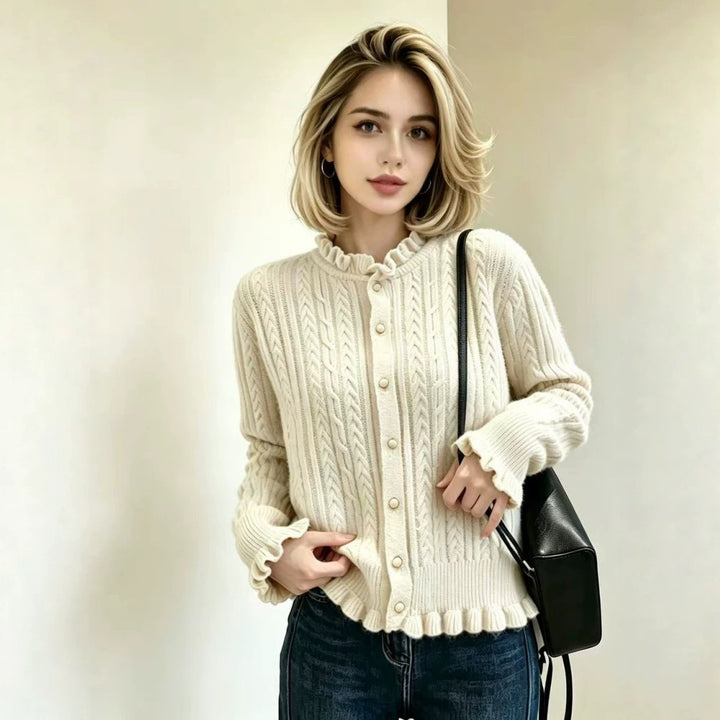 Damen Elegante Strickjacke mit Rüschendetails Drune