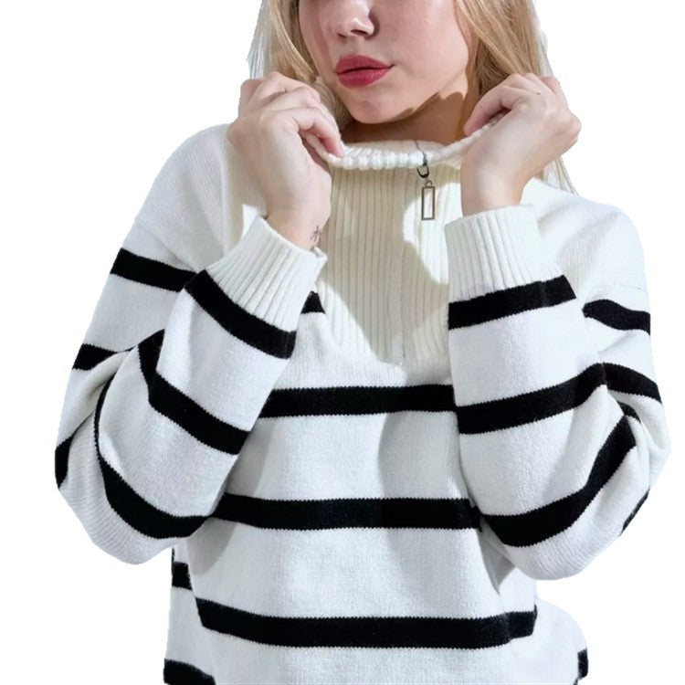 Damen Gestreifter Strickpullover mit kurzem Reißverschluss und Polokragen Drune