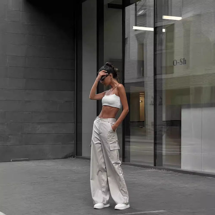 Damen Weite High-Waist Cargo-Hose mit Oversized-Silhouette und Klappentaschen Drune