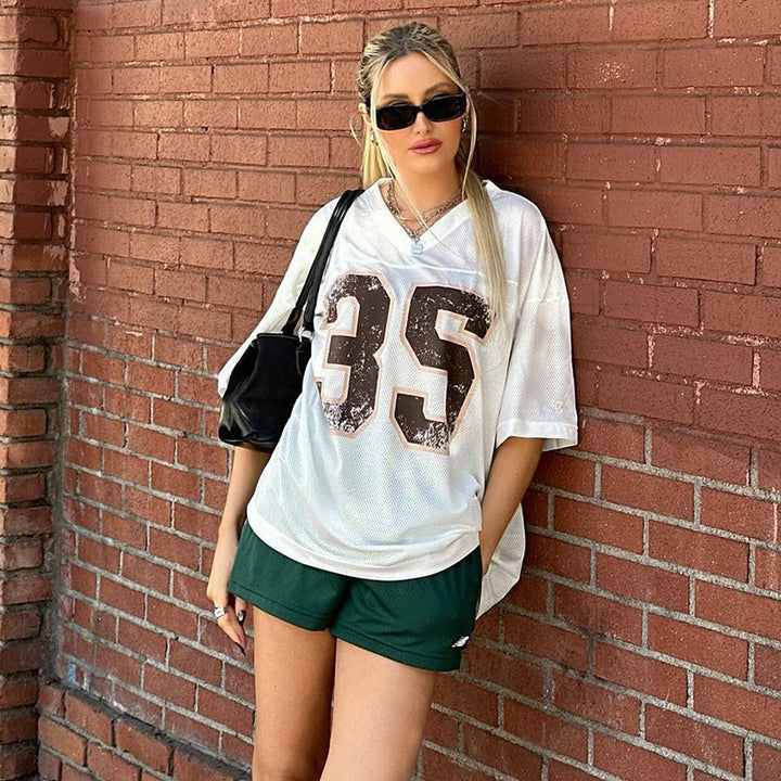 Damen sportliches Football-Trikot mit klassischem V-Ausschnitt und großen Druckzahlen Drune