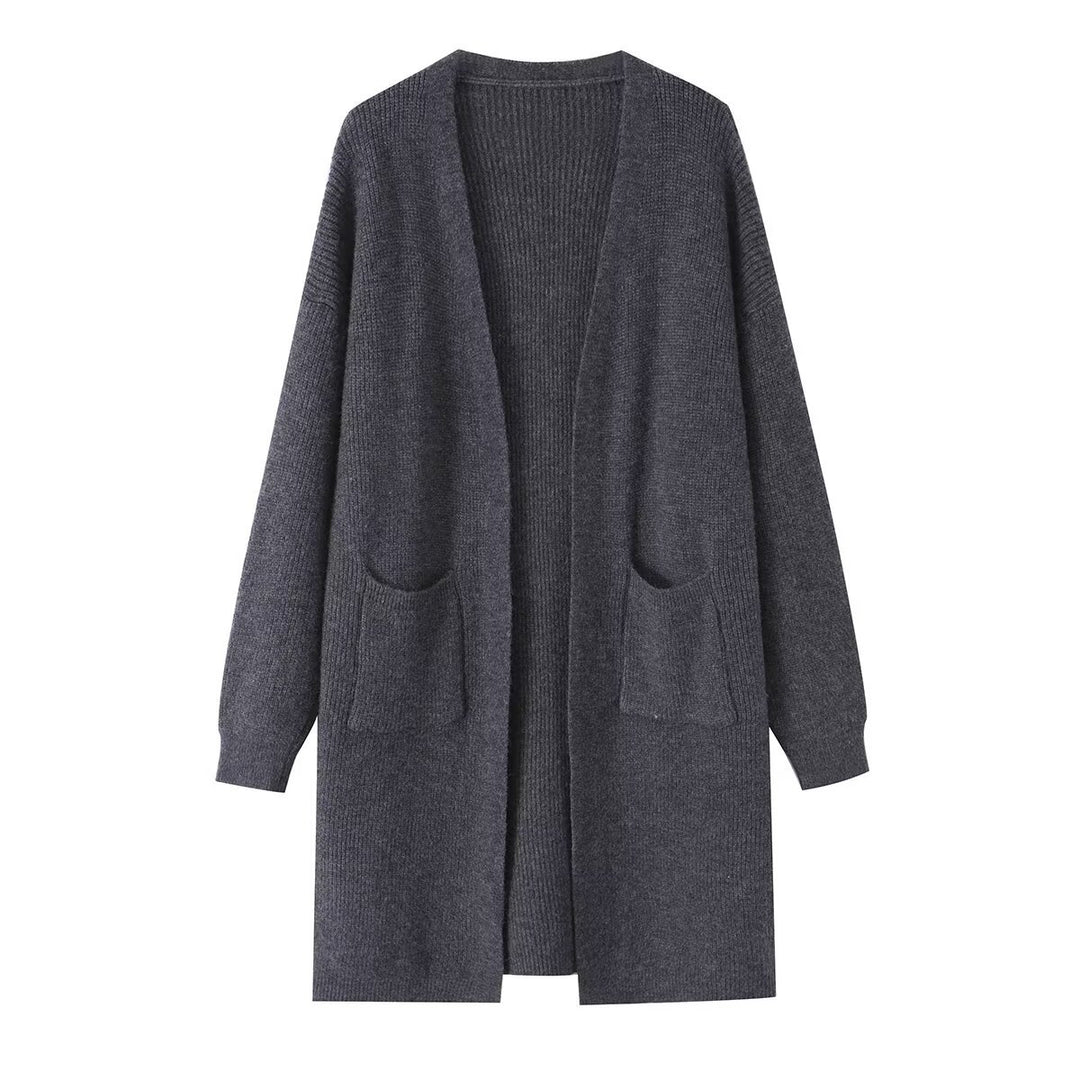 Damen Longline Strickcardigan mit aufgesetzten Taschen und offener Front Drune